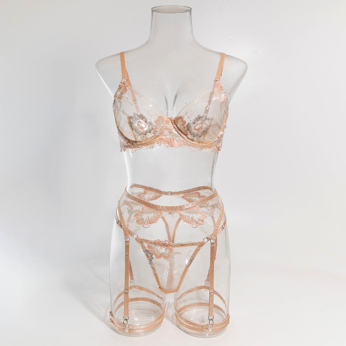 Poppy Embroidered Sheer Bra And Thong Set - Beige - 8