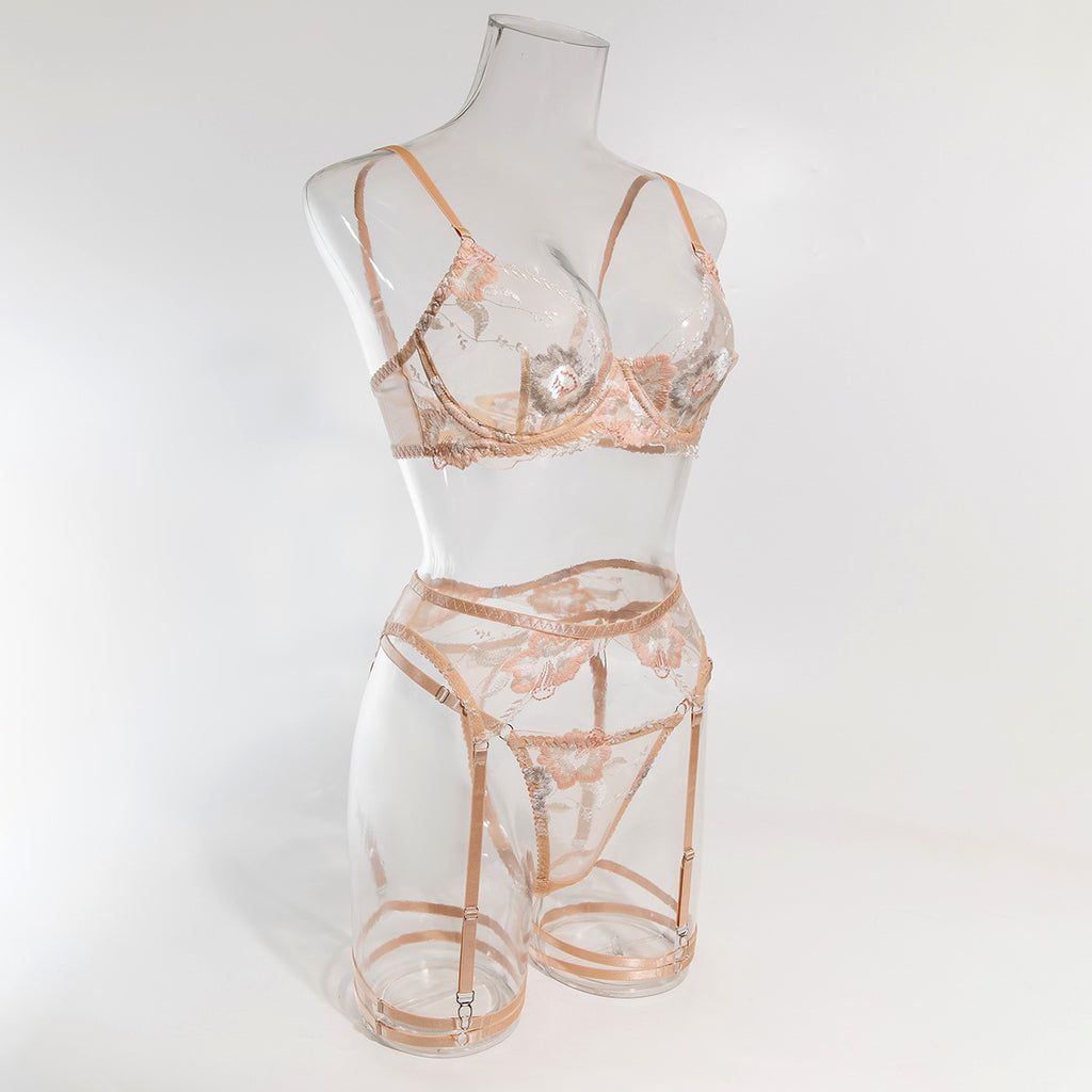 Poppy Embroidered Sheer Bra And Thong Set - Beige - 9