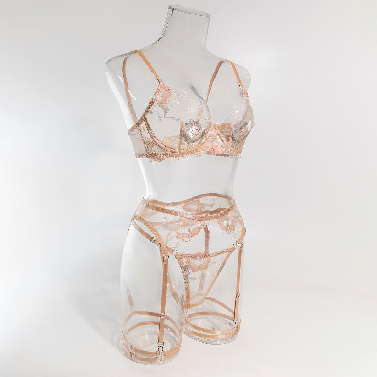 Poppy Embroidered Sheer Bra And Thong Set - Beige - 9