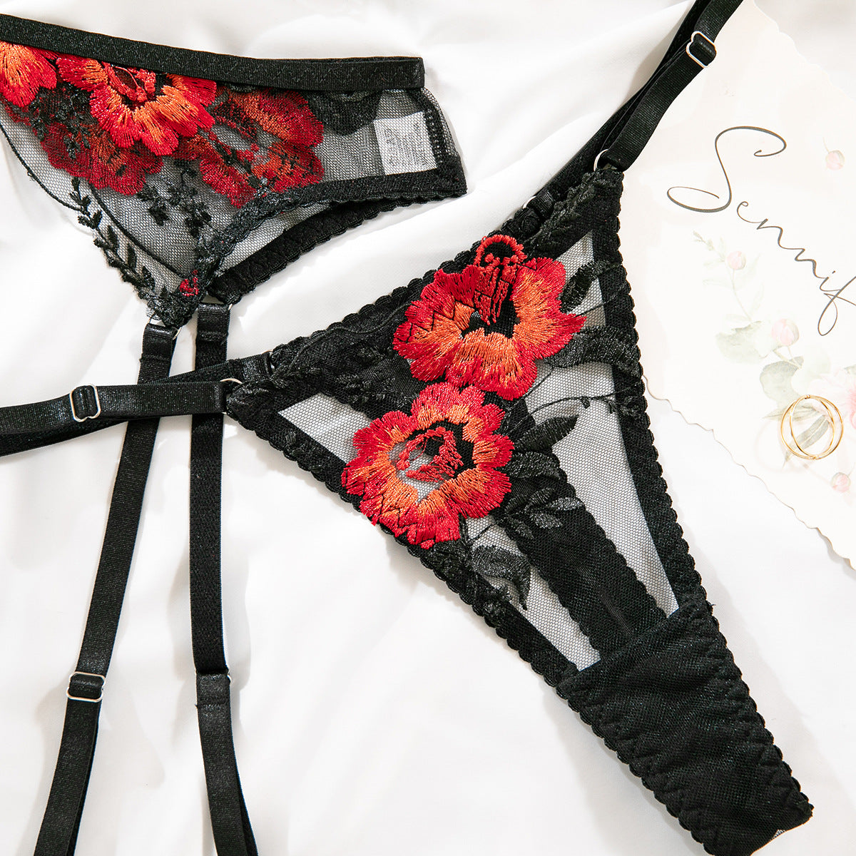 Poppy Embroidered Sheer Bra And Thong Set - black - 1