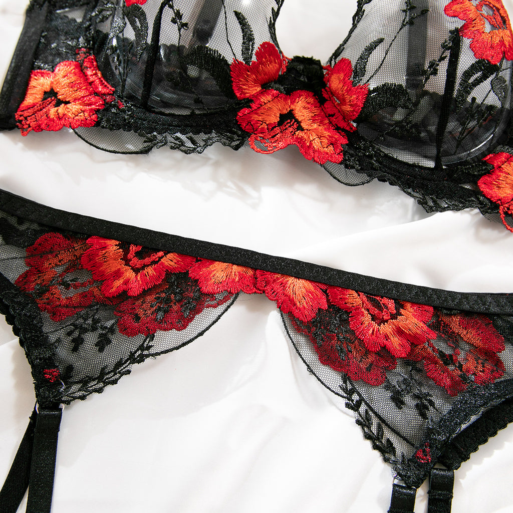 Poppy Embroidered Sheer Bra And Thong Set - black - 3