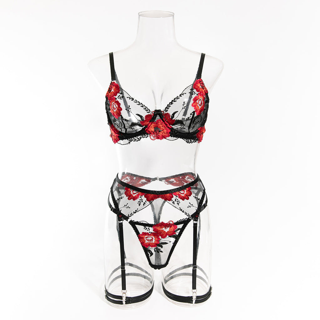 Poppy Embroidered Sheer Bra And Thong Set - black - 7
