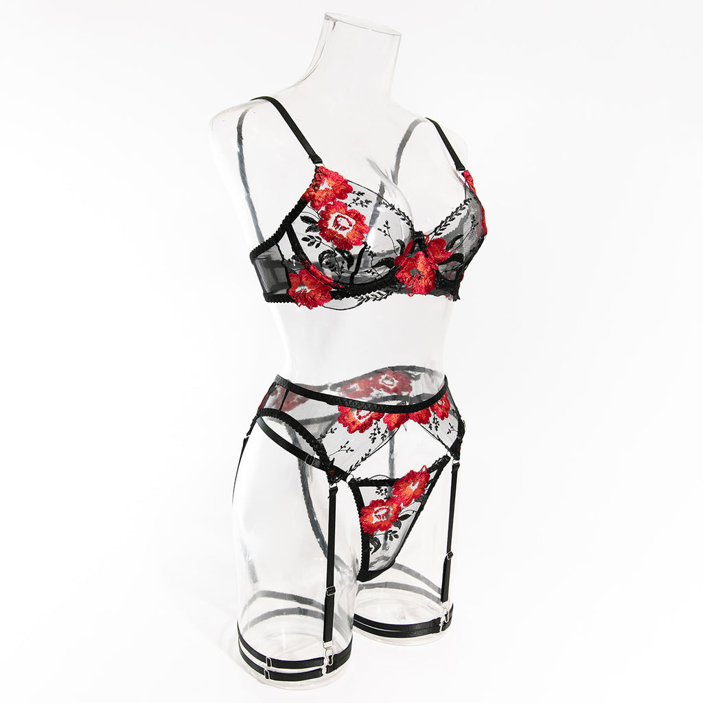 Poppy Embroidered Sheer Bra And Thong Set - black - 8