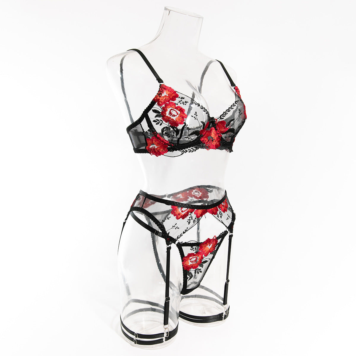 Poppy Embroidered Sheer Bra And Thong Set - black - 8