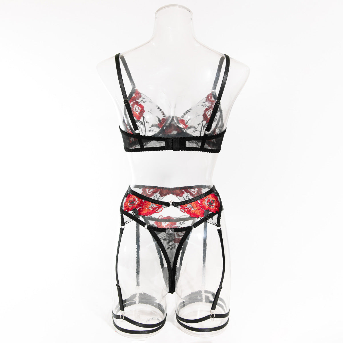 Poppy Embroidered Sheer Bra And Thong Set - black - 9