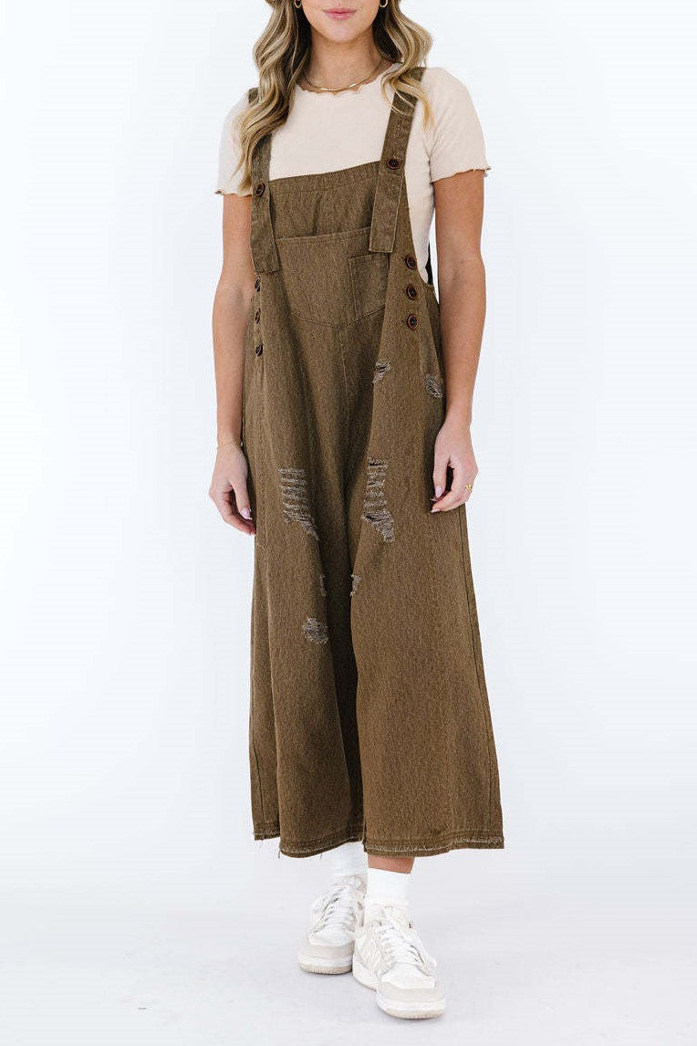 Distressed Wide Leg Denim Overalls - Coffee - 1