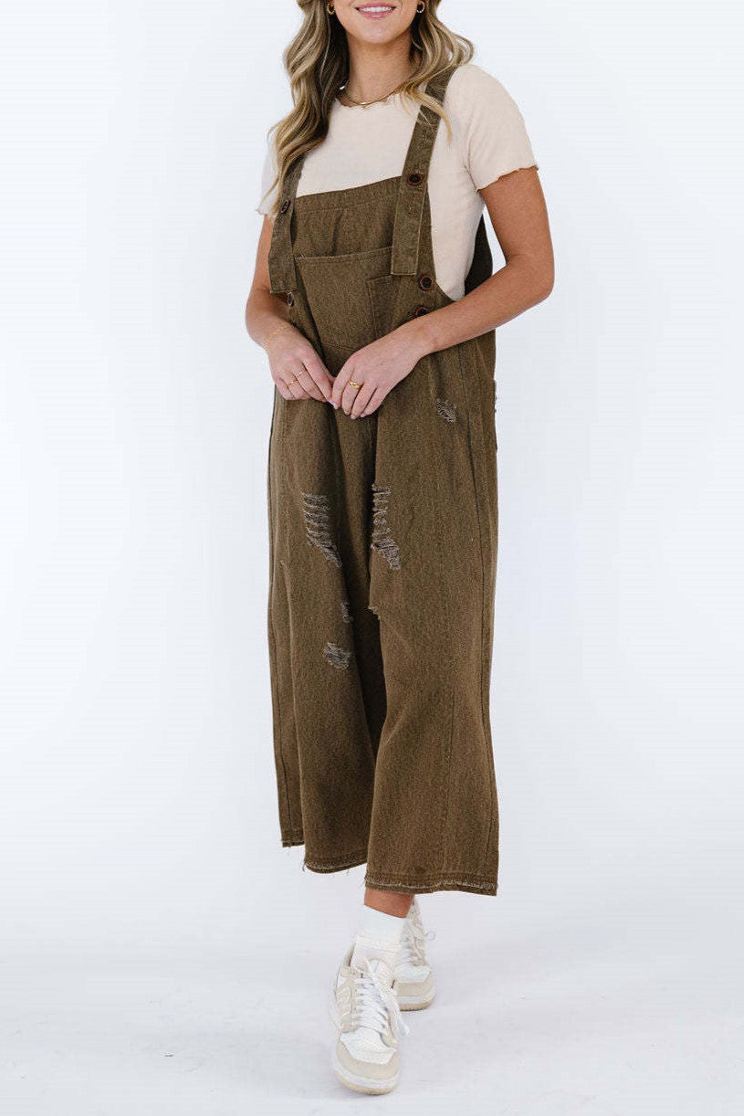 Distressed Wide Leg Denim Overalls - Coffee - 2