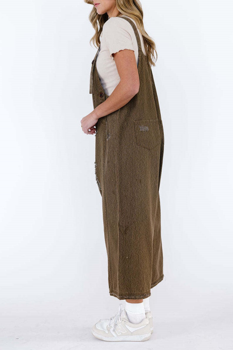 Distressed Wide Leg Denim Overalls - Coffee - 3
