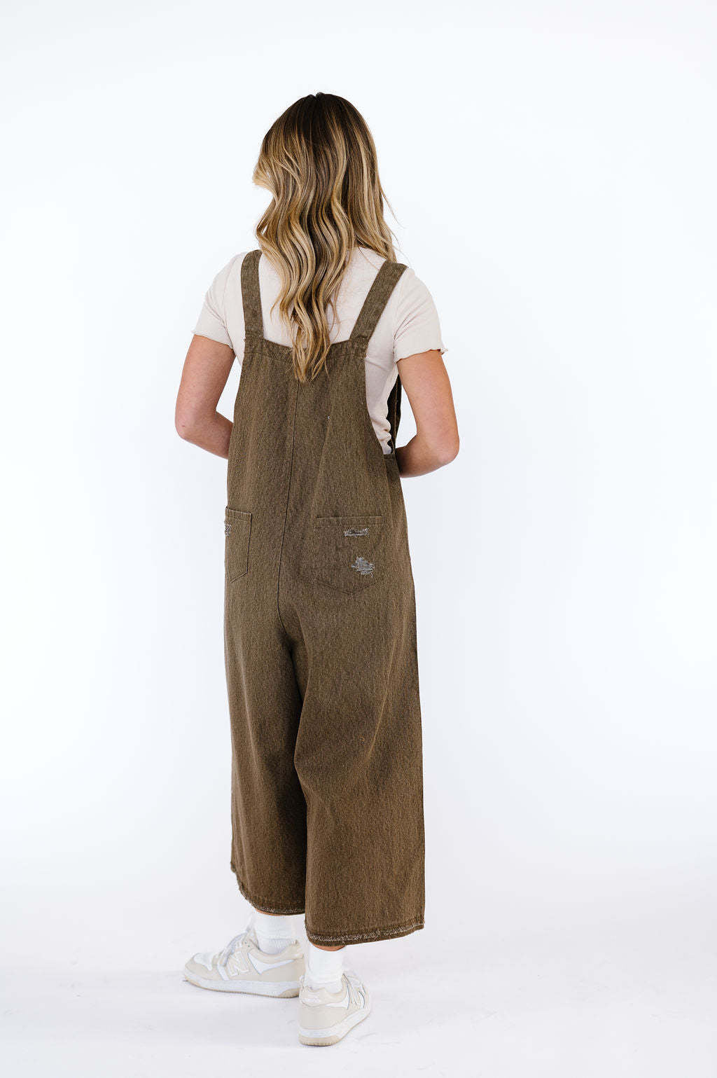 Distressed Wide Leg Denim Overalls - Coffee - 4