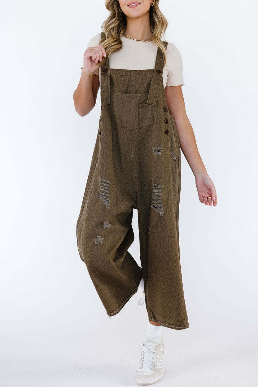 Distressed Wide Leg Denim Overalls - Coffee - 5