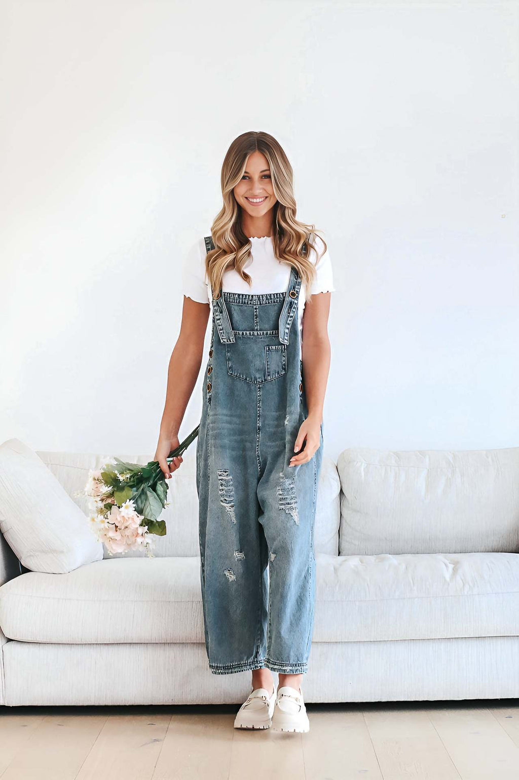 Distressed Wide Leg Denim Overalls - DarkBlue