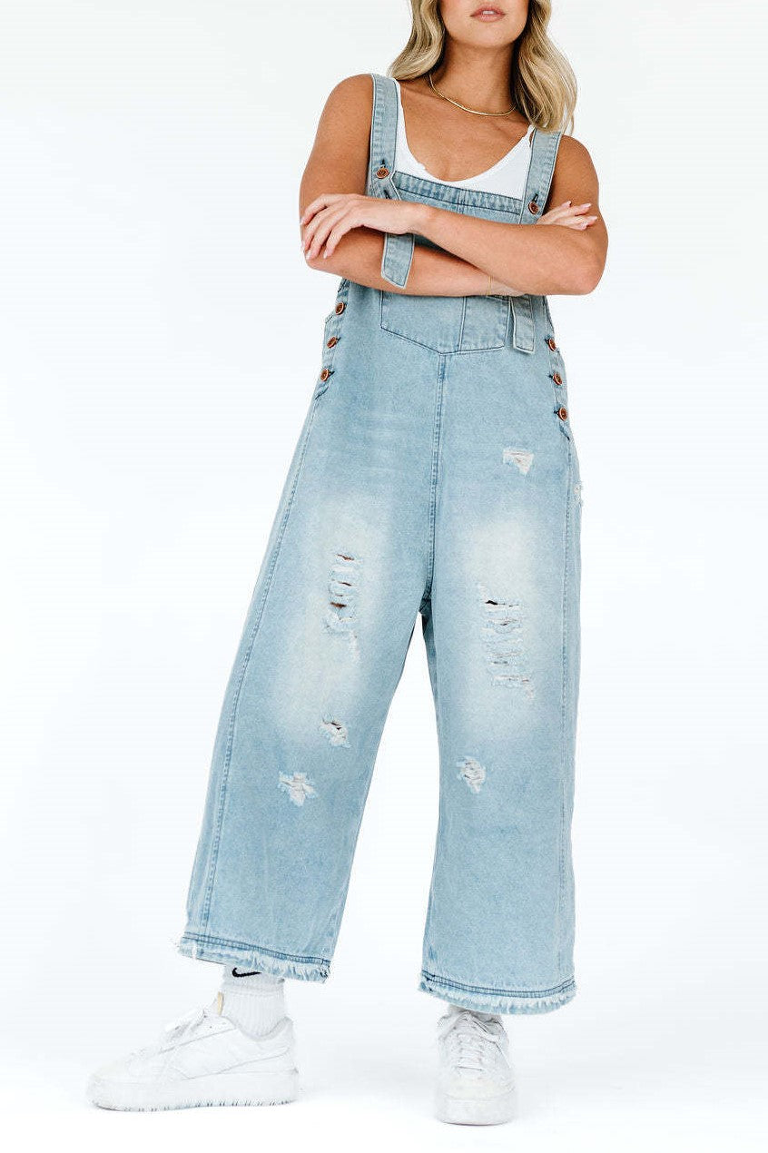 Distressed Wide Leg Denim Overalls - Lightblue - 1