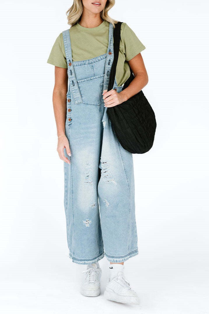 Distressed Wide Leg Denim Overalls - Lightblue - 2