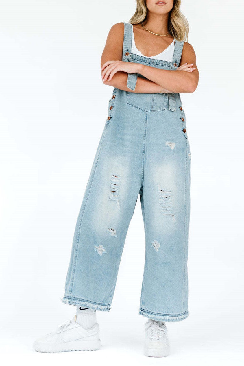 Distressed Wide Leg Denim Overalls - Lightblue - 3