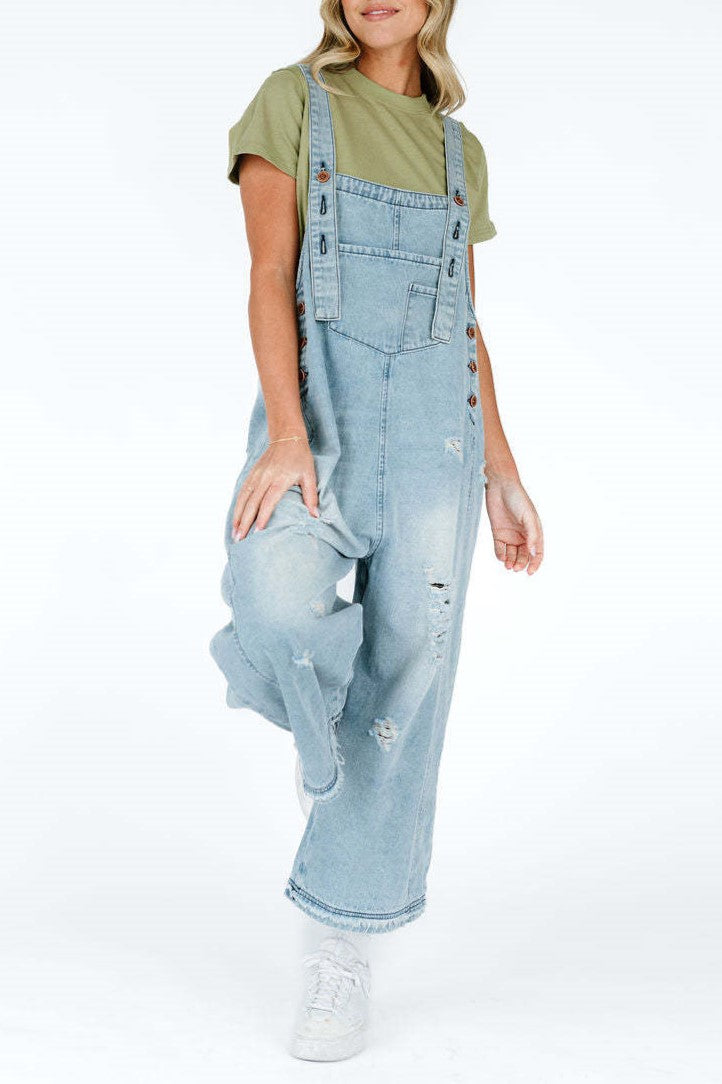 Distressed Wide Leg Denim Overalls - Lightblue - 4