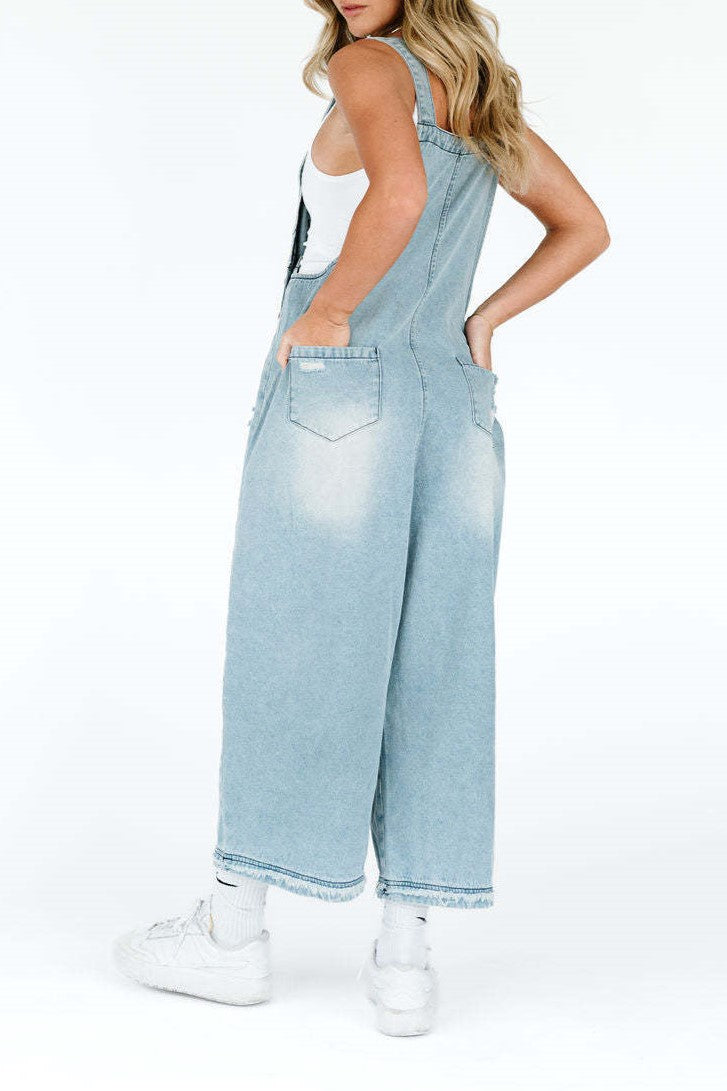 Distressed Wide Leg Denim Overalls - Lightblue - 6