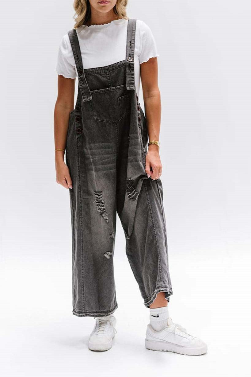 Distressed Wide Leg Denim Overalls - black