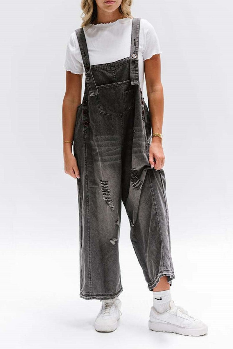 Distressed Wide Leg Denim Overalls - black - 1