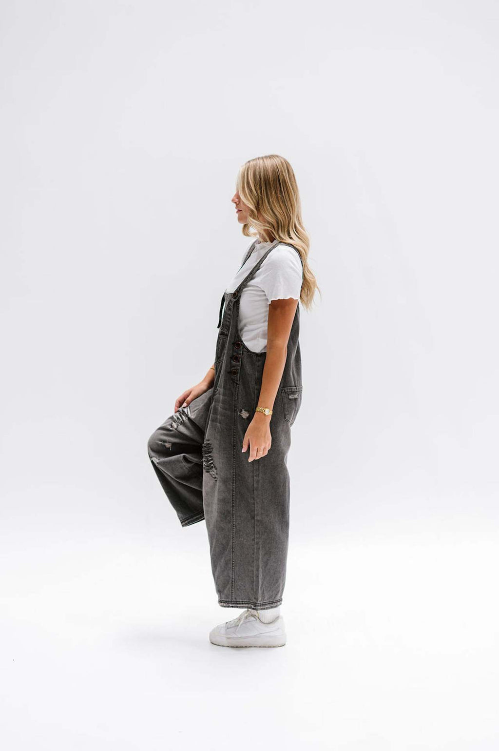 Distressed Wide Leg Denim Overalls - black - 3