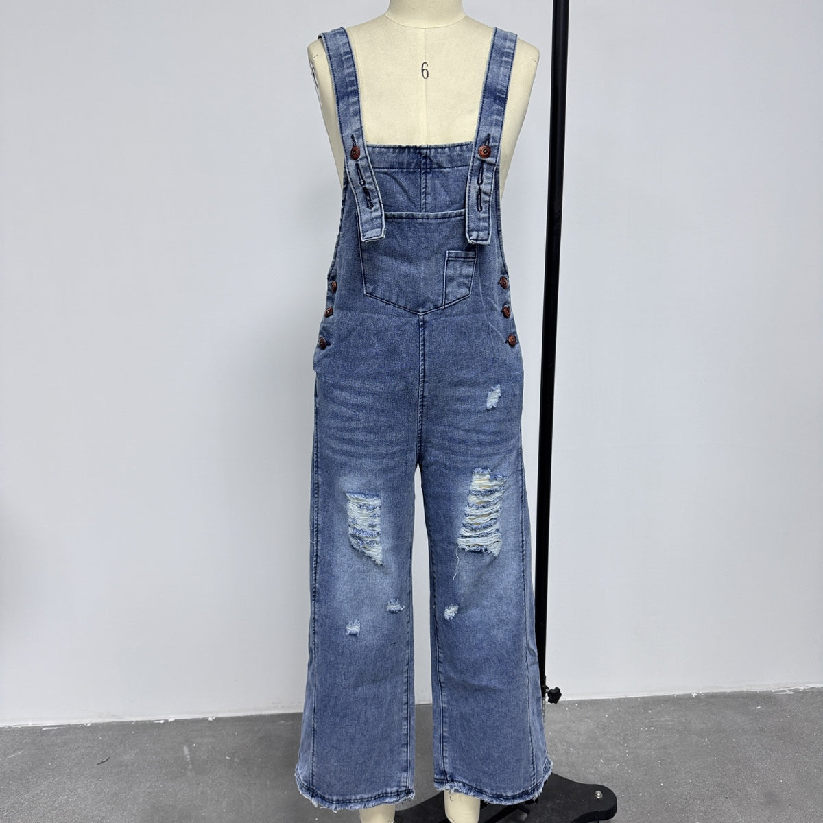 Distressed Wide Leg Denim Overalls