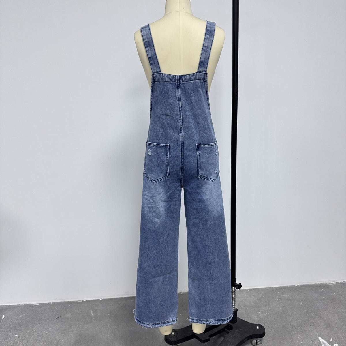 Distressed Wide Leg Denim Overalls - view 1