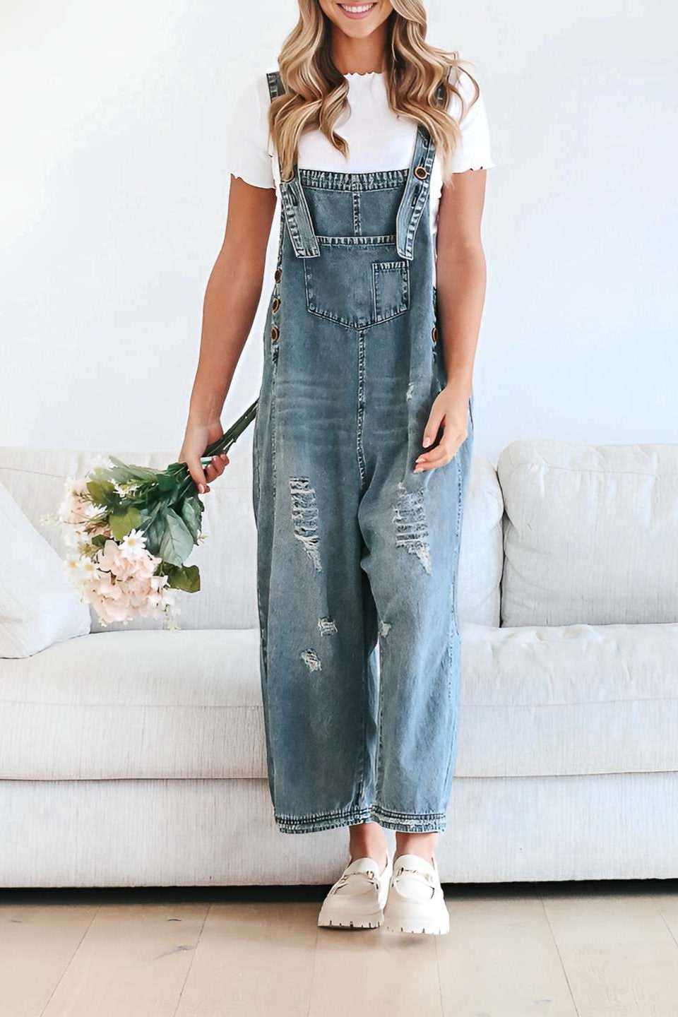 Distressed Wide Leg Denim Overalls - view 2