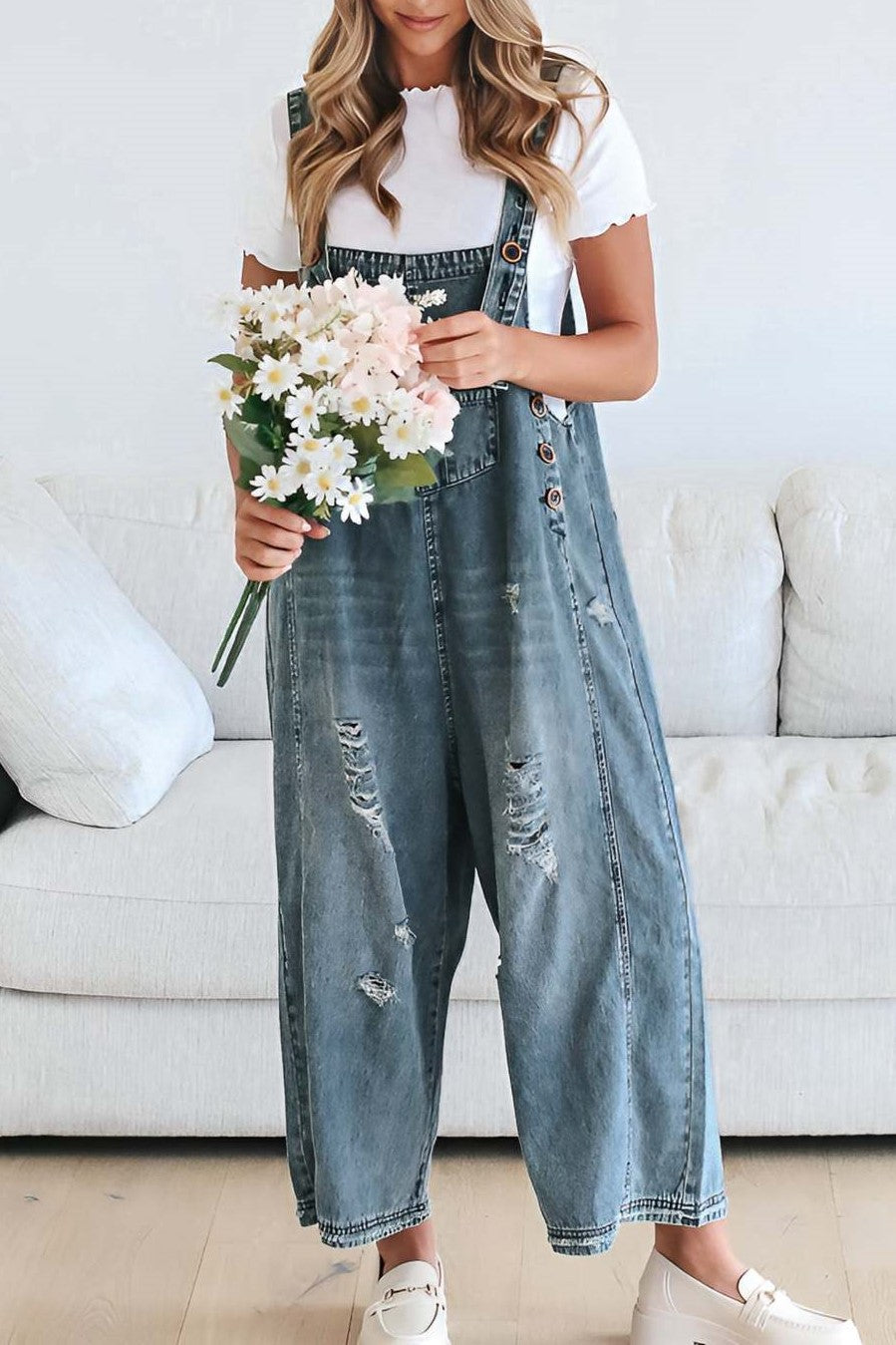 Distressed Wide Leg Denim Overalls - view 3