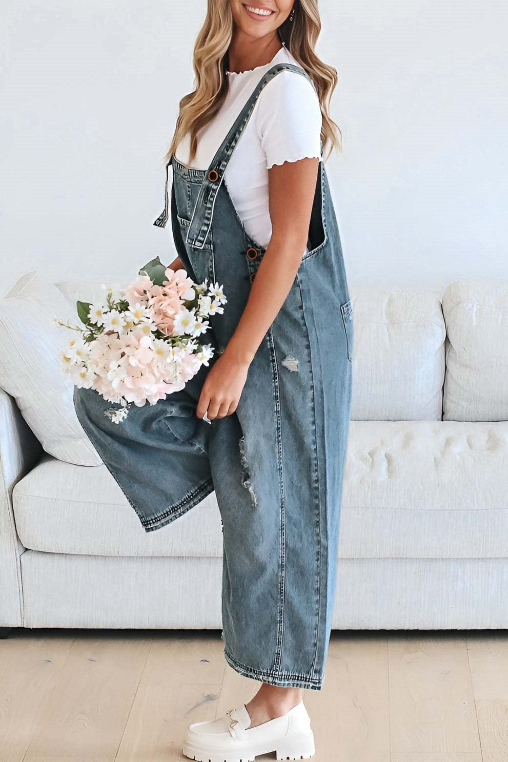 Distressed Wide Leg Denim Overalls - view 4
