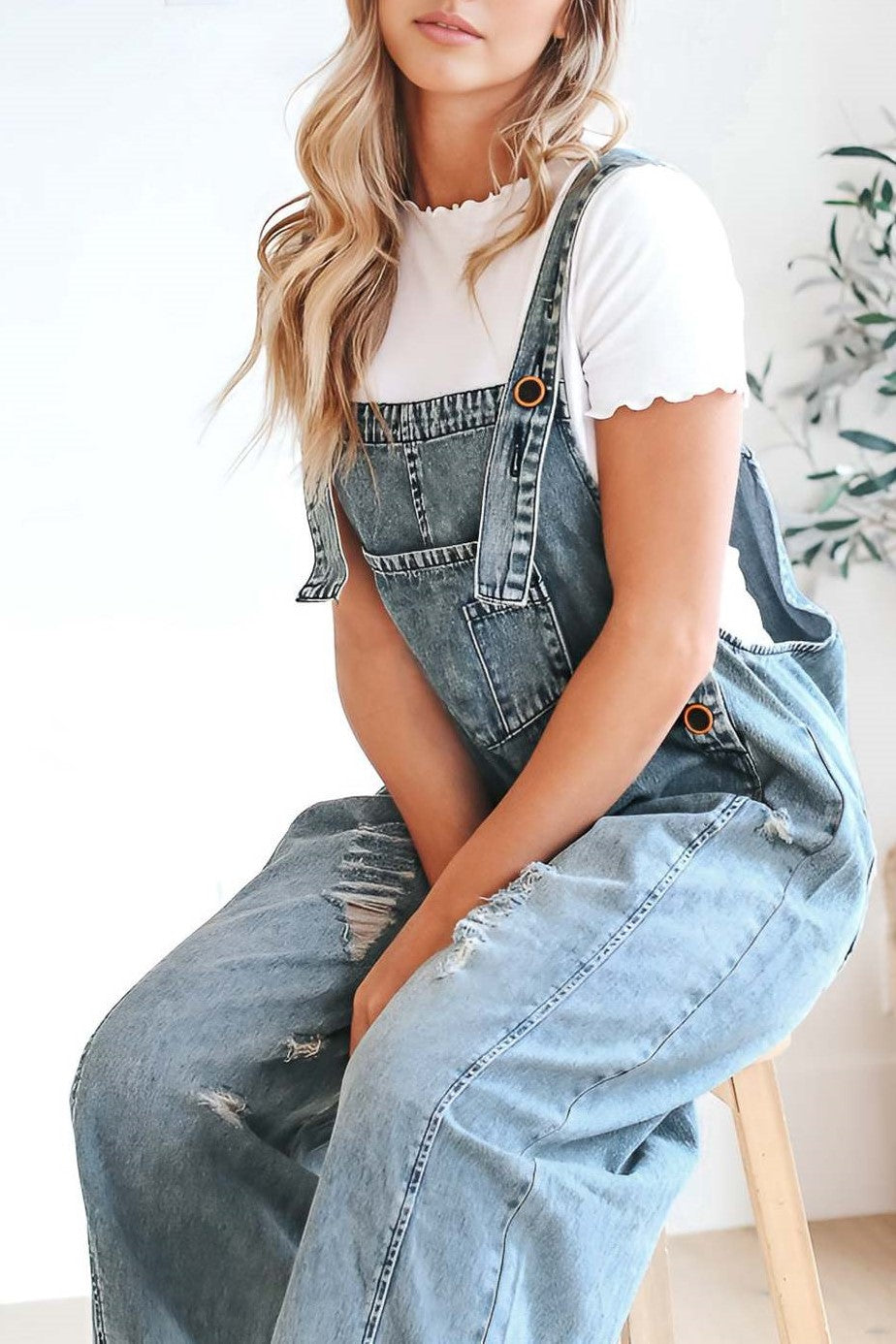 Distressed Wide Leg Denim Overalls - view 5