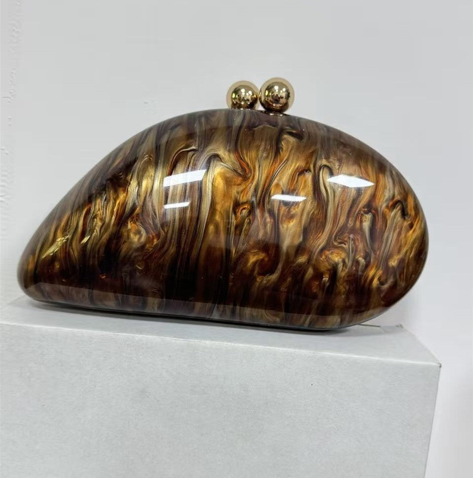 Marbled Acrylic Pebble Clutch with Chain Strap - Bronze