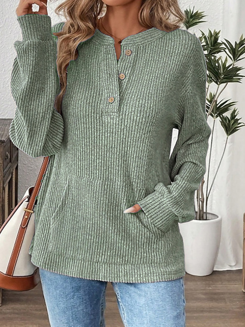 Waffle Knit Henley Sweater With Pockets - Green