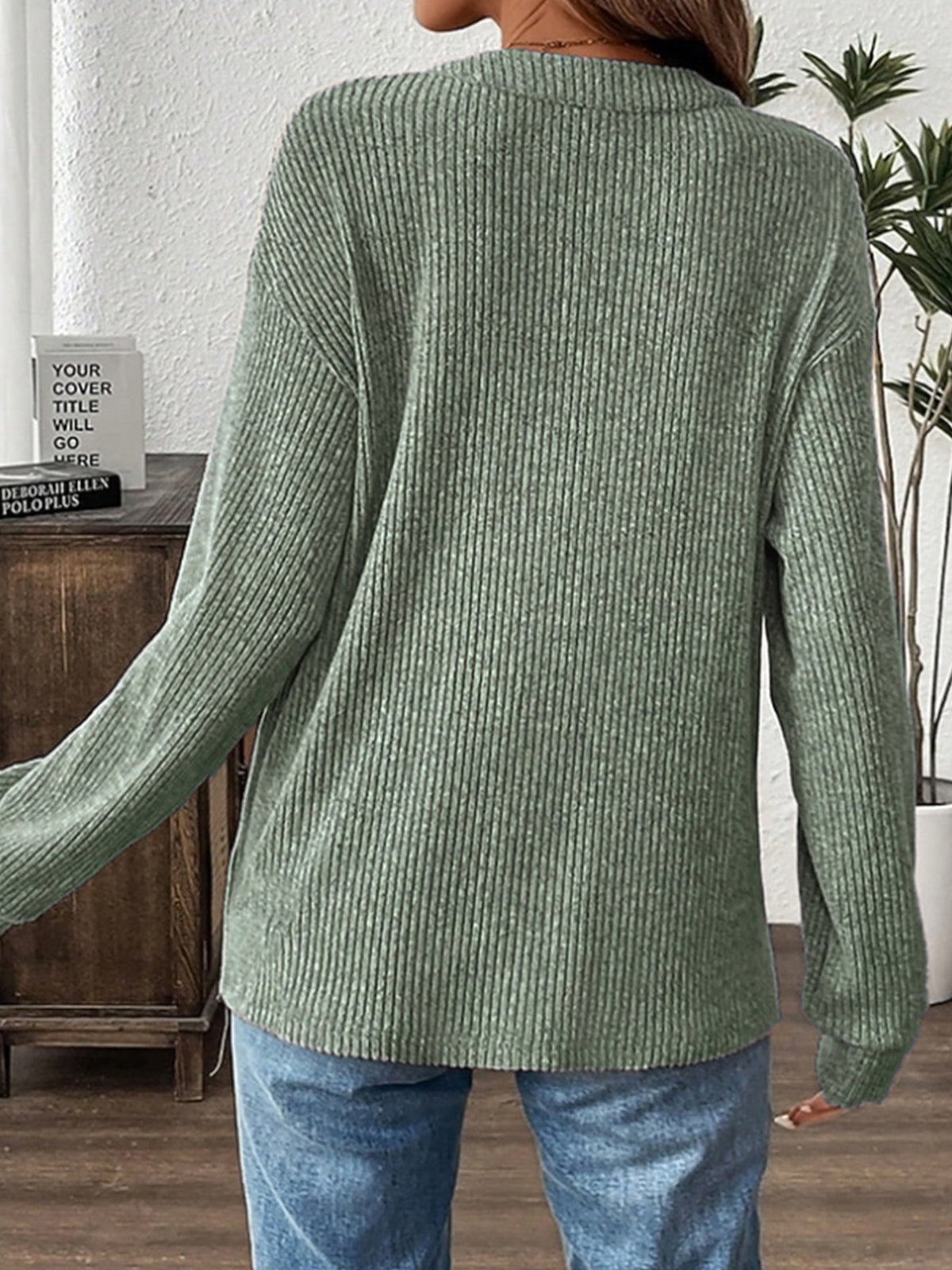 Waffle Knit Henley Sweater With Pockets