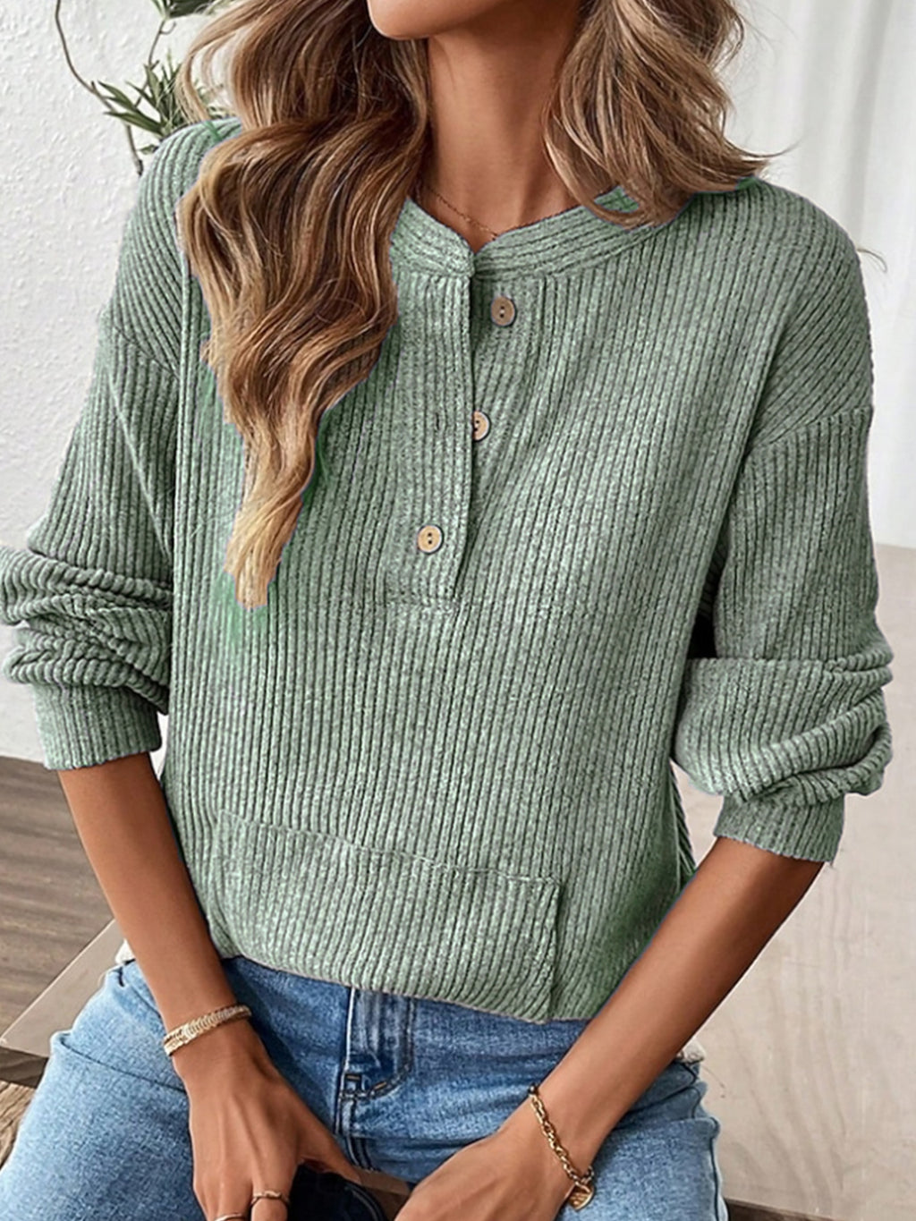 Waffle Knit Henley Sweater With Pockets - view 1