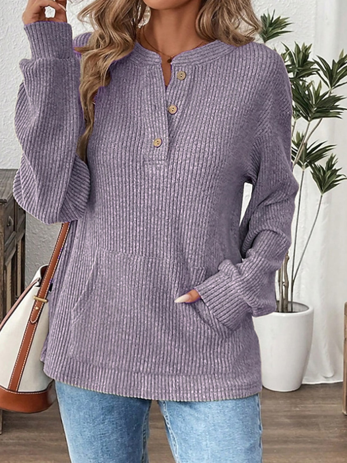 Waffle Knit Henley Sweater With Pockets - purple