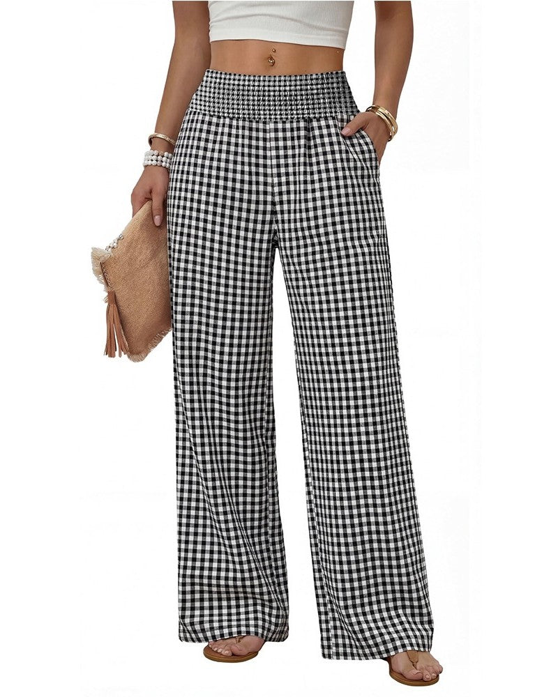 Shirred-Waist Wide-Leg Trousers in Check and Stripe - Grid Black