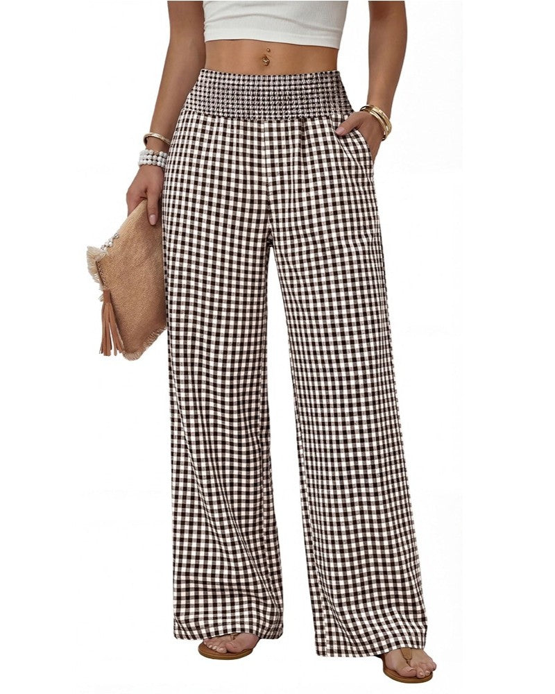 Shirred-Waist Wide-Leg Trousers in Check and Stripe - Grid Coffee