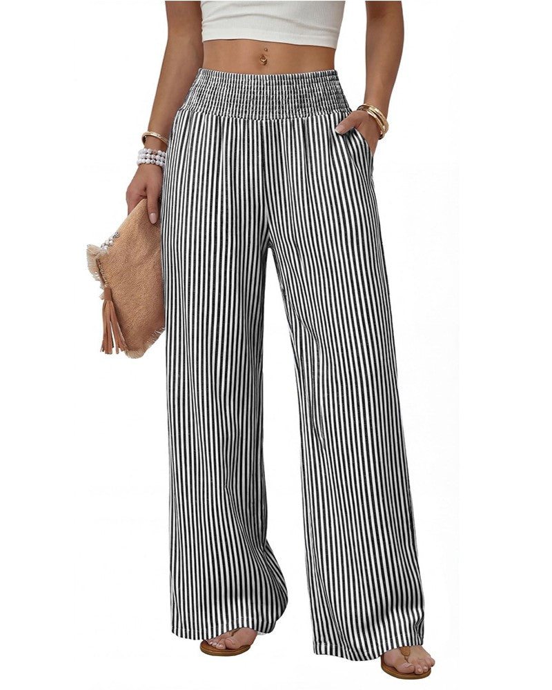 Shirred-Waist Wide-Leg Trousers in Check and Stripe - Stripe Black