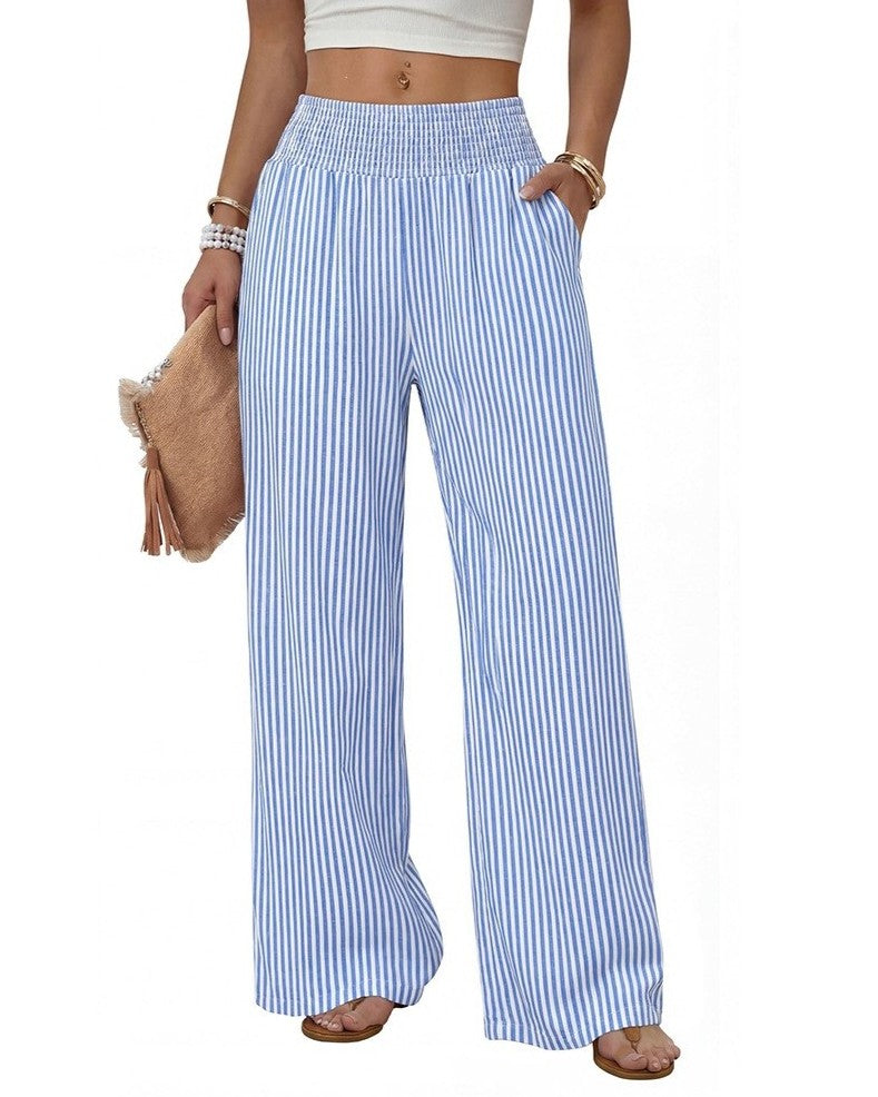 Shirred-Waist Wide-Leg Trousers in Check and Stripe - Stripe Blue - 2