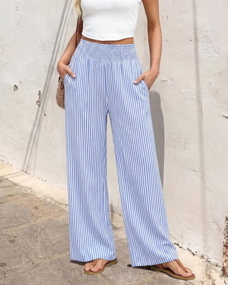 Shirred-Waist Wide-Leg Trousers in Check and Stripe - Stripe Blue