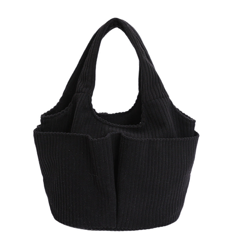 Corduroy Bucket Tote Bag With Side Pockets - Black