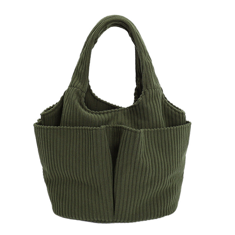 Corduroy Bucket Tote Bag With Side Pockets - Green