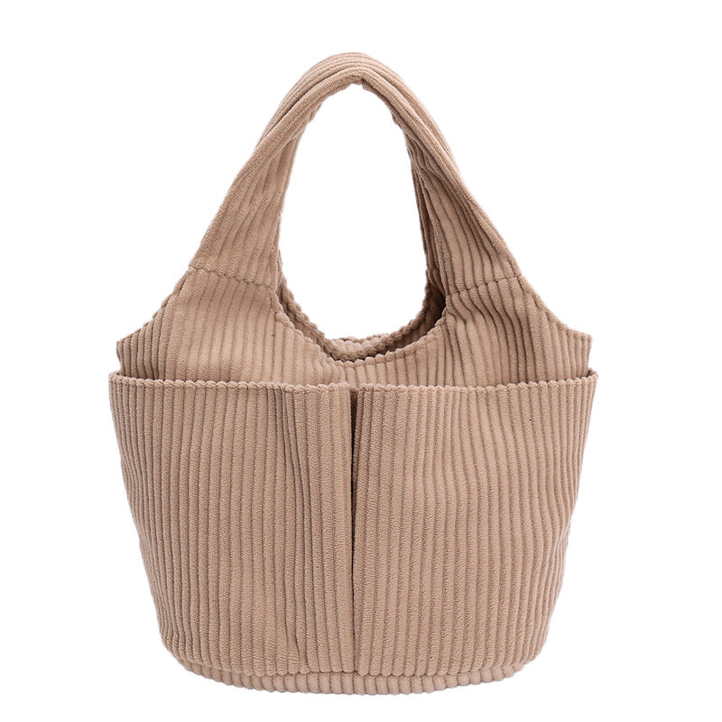 Corduroy Bucket Tote Bag With Side Pockets - Khaki