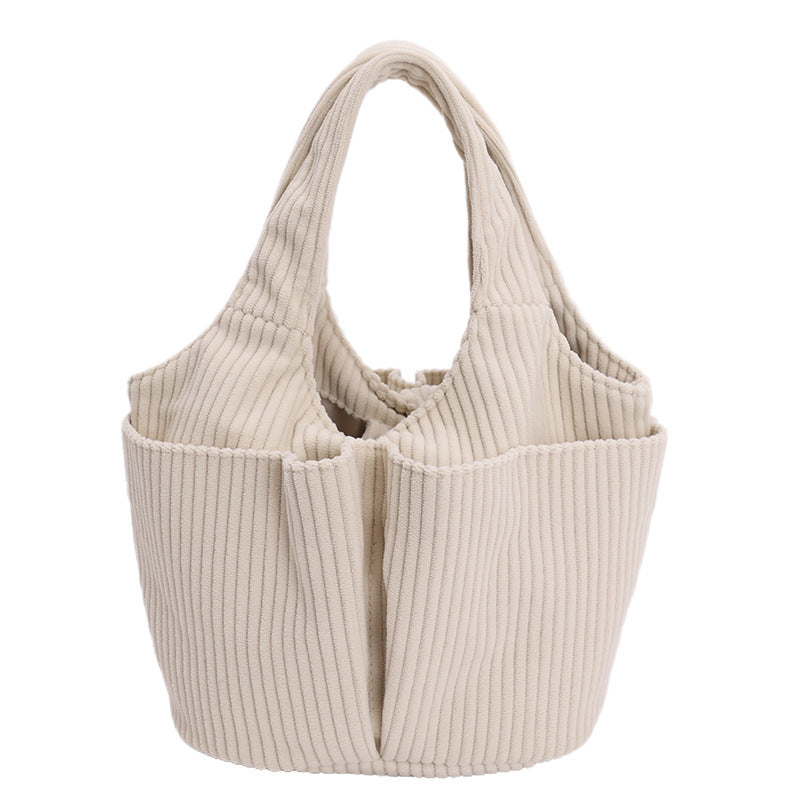 Corduroy Bucket Tote Bag With Side Pockets - OffWhite