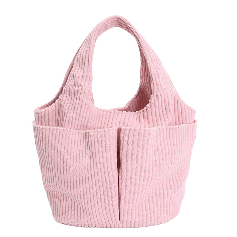 Corduroy Bucket Tote Bag With Side Pockets - Pink