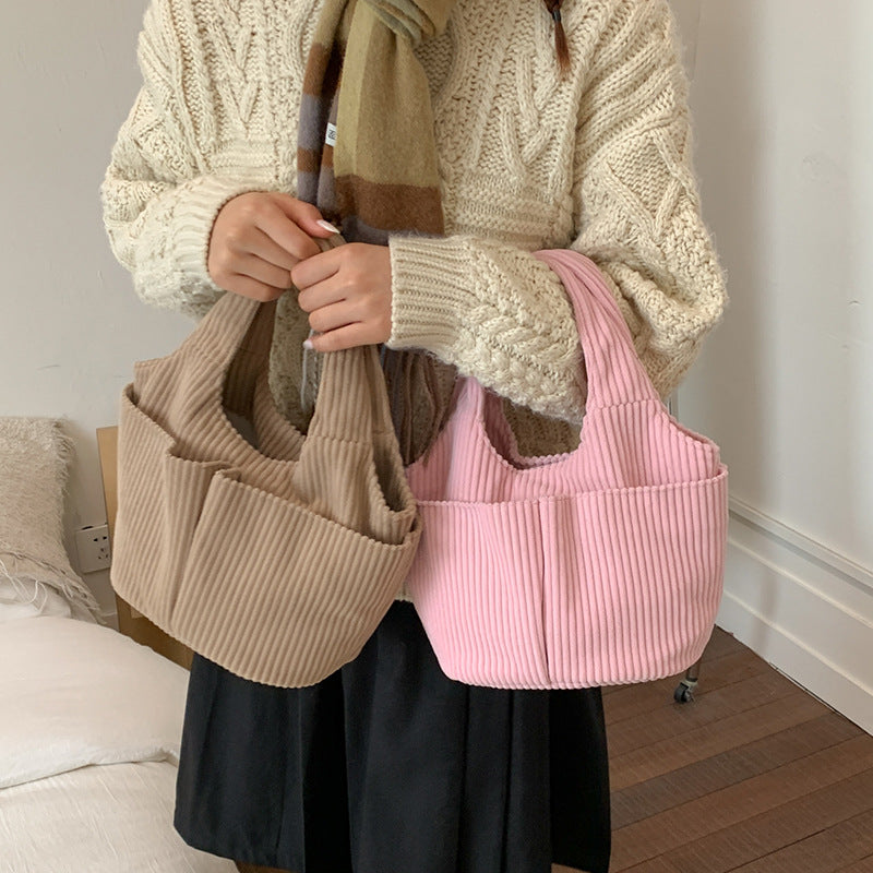Corduroy Bucket Tote Bag With Side Pockets