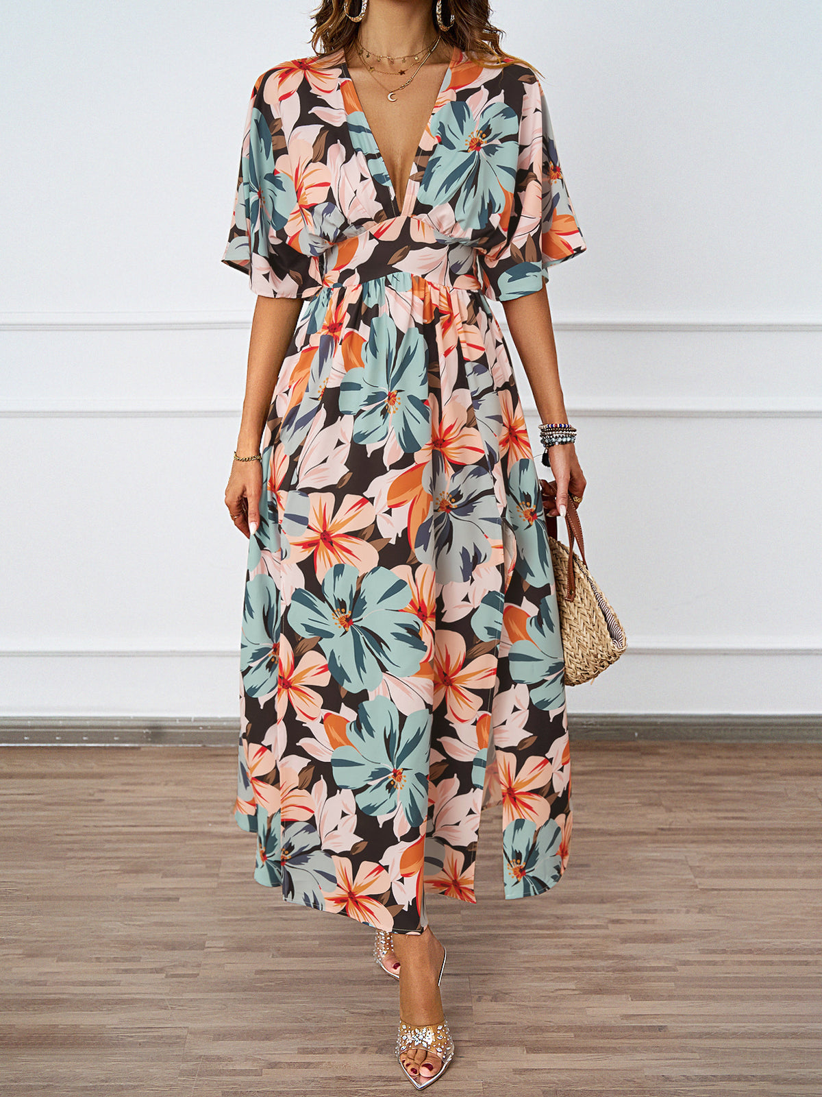 Tropical Floral Kimono Sleeve Maxi Dress - Orange