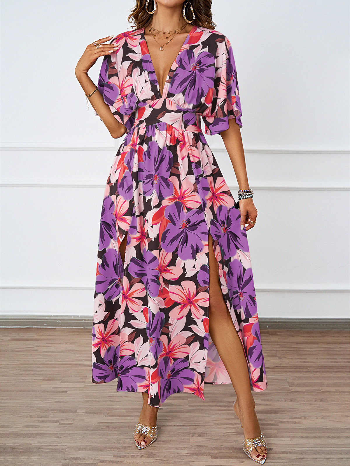 Tropical Floral Kimono Sleeve Maxi Dress - Purple