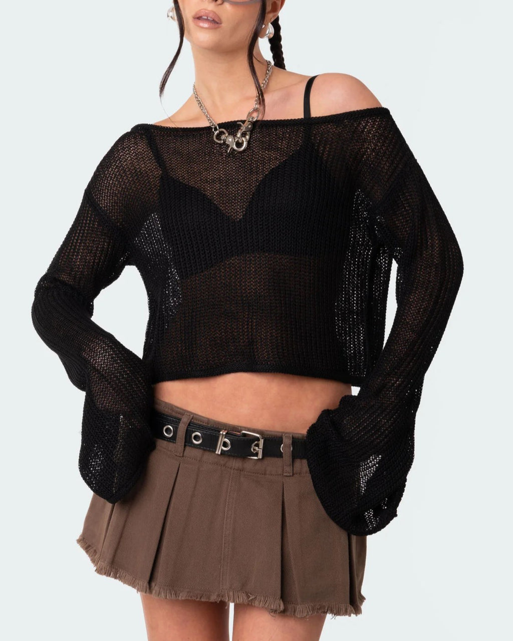 Sheer Open Knit Crop Top with Bell Sleeves - Black
