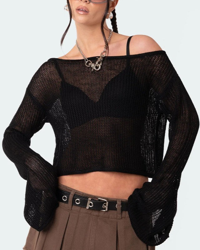Sheer Open Knit Crop Top with Bell Sleeves - Black - 1