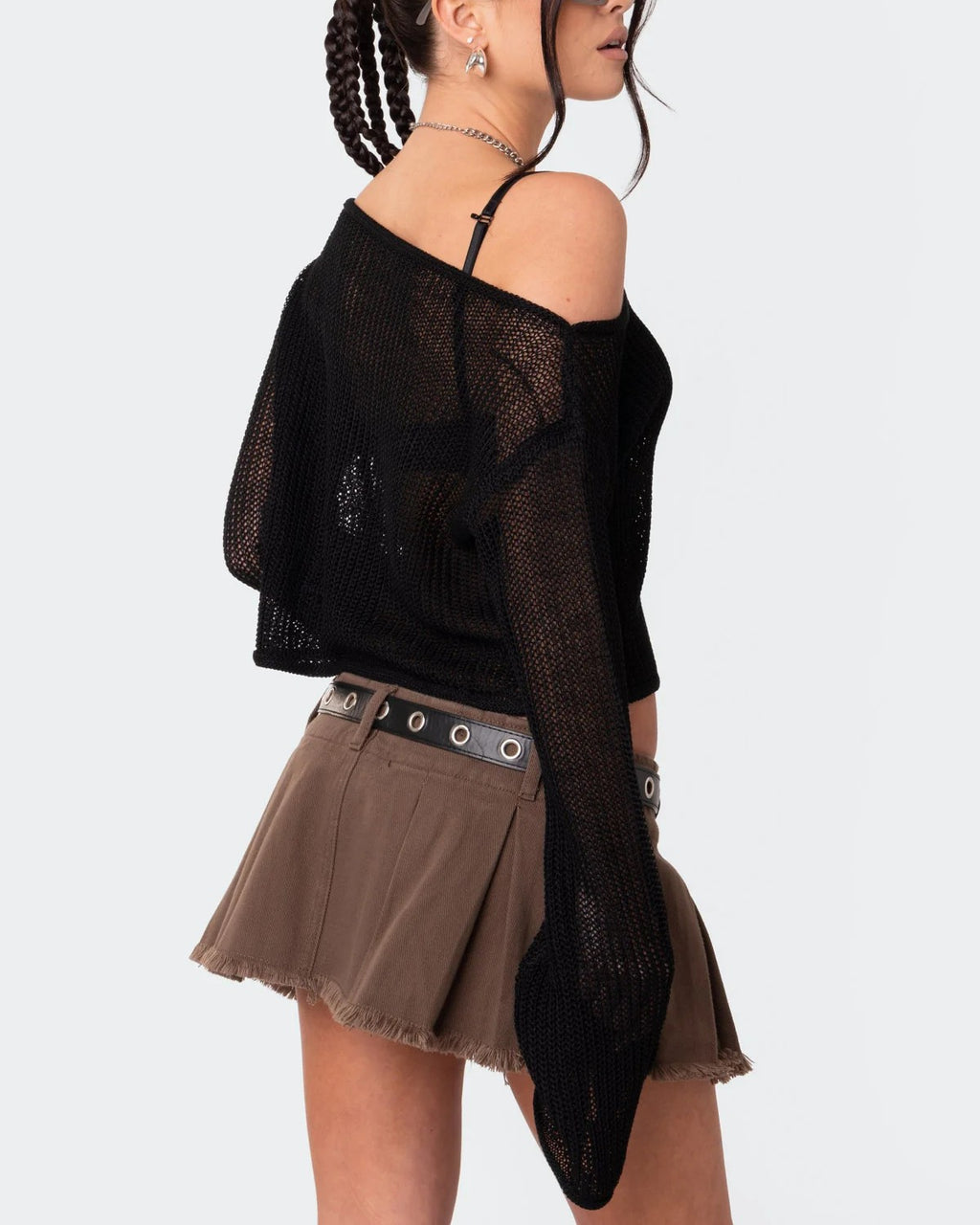 Sheer Open Knit Crop Top with Bell Sleeves - Black - 2